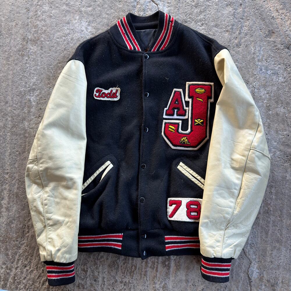 Vtg Dehen Varsity Jacket Black Leather Wool Patches Letterman Red Collegiate Lrg